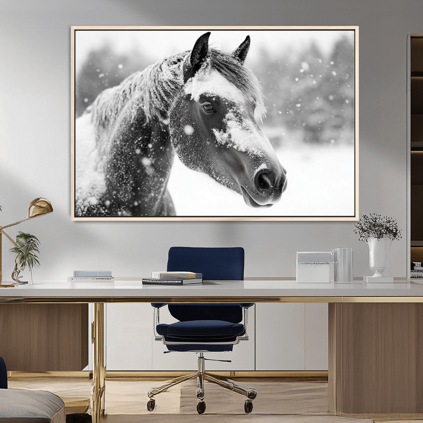 MGV-FC-36X24 - Black Horse Winter Wall Art | Ready to Hang and Framed | Farmhouse and Western Wall Decor for Living