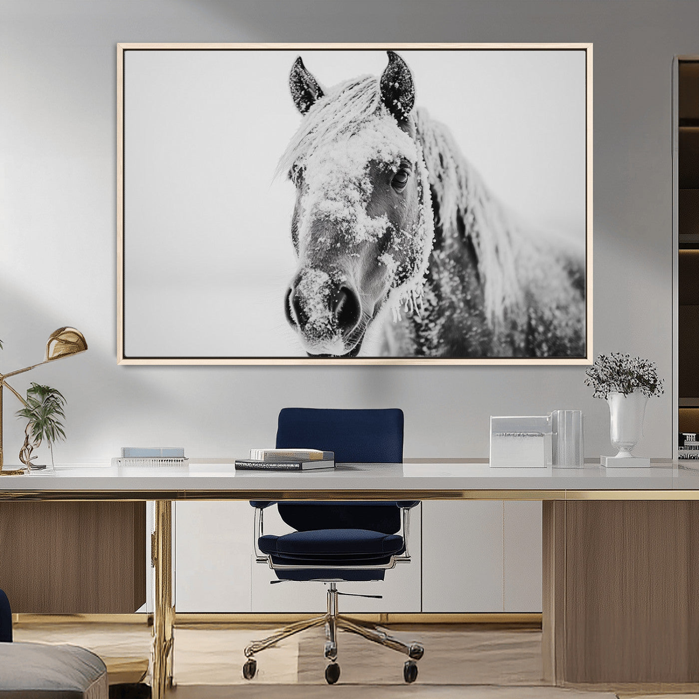 MGV-FC-36X24 - White Horse Wall Art | Ready to Hang and Framed | Winter Horse Wall Art Print for Farmhouse and