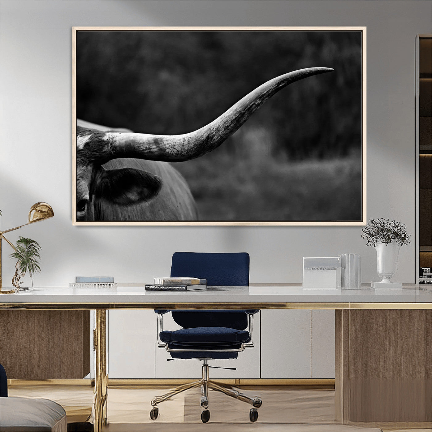 MGV-FC-36X24 - Cow Longhorn Wall Art | Black and White Print | Ready to Hang and Framed | Farmhouse Wall Decor |
