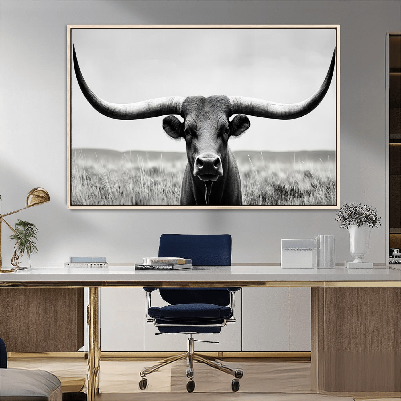73780-MGV-FC-36X24_Natural-Longhorn Bull Canvas Print | Rustic Farmhouse Wall Art | Western Decor | Ready to Hang and Framed