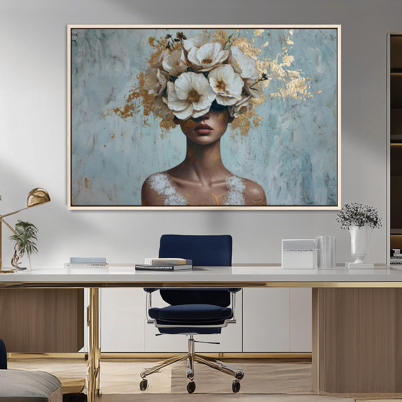 MGV-FC-36X24 - Golden Petal Wall Art - Petal Silhouette Woman Wall Art Canvas Print | Large 3-Panel Canvas with