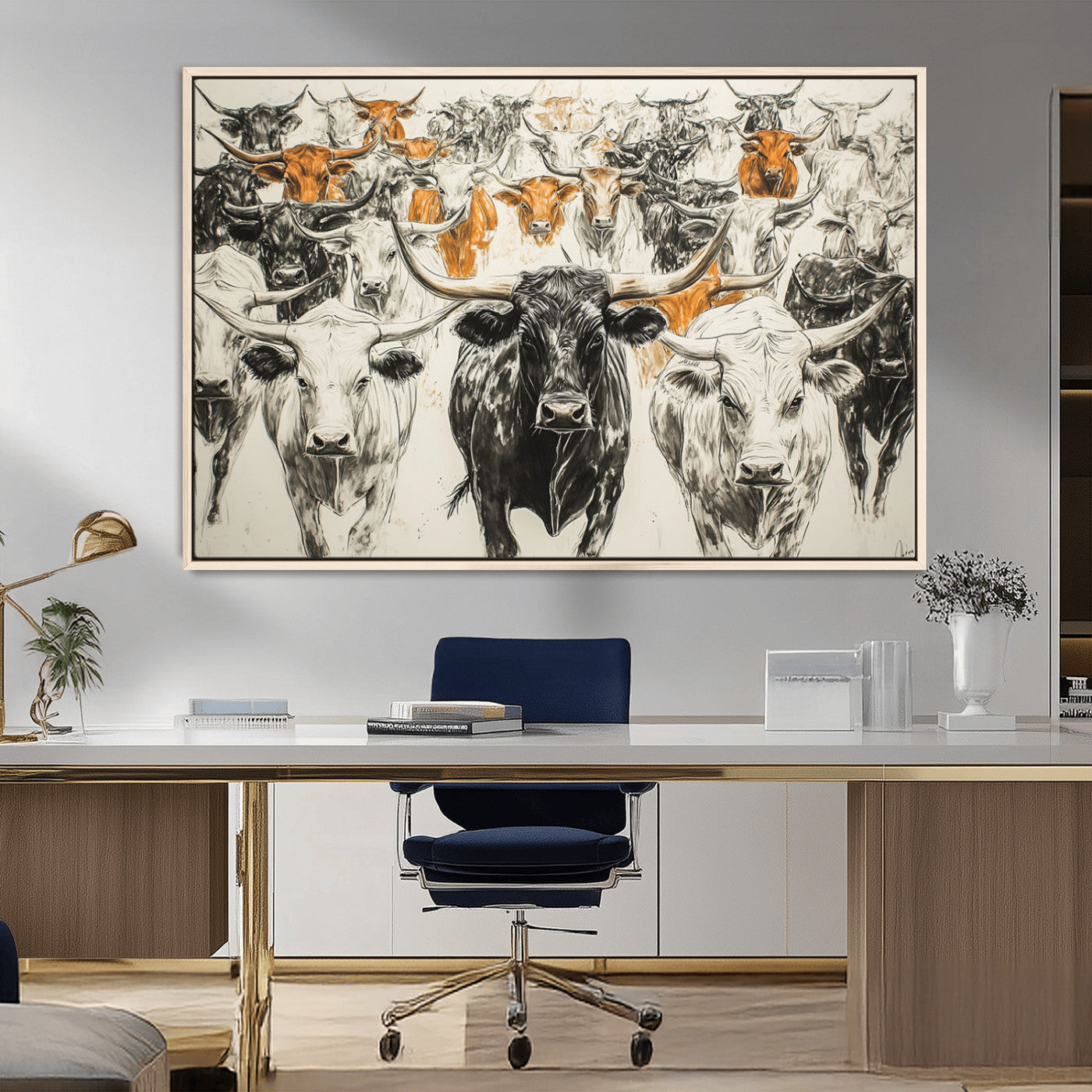 MGV-FC-36X24 - Texas Longhorn Wall Art - Herd Canvas Wall Art Print - Abstract Cow Drawing Wall Art Print for