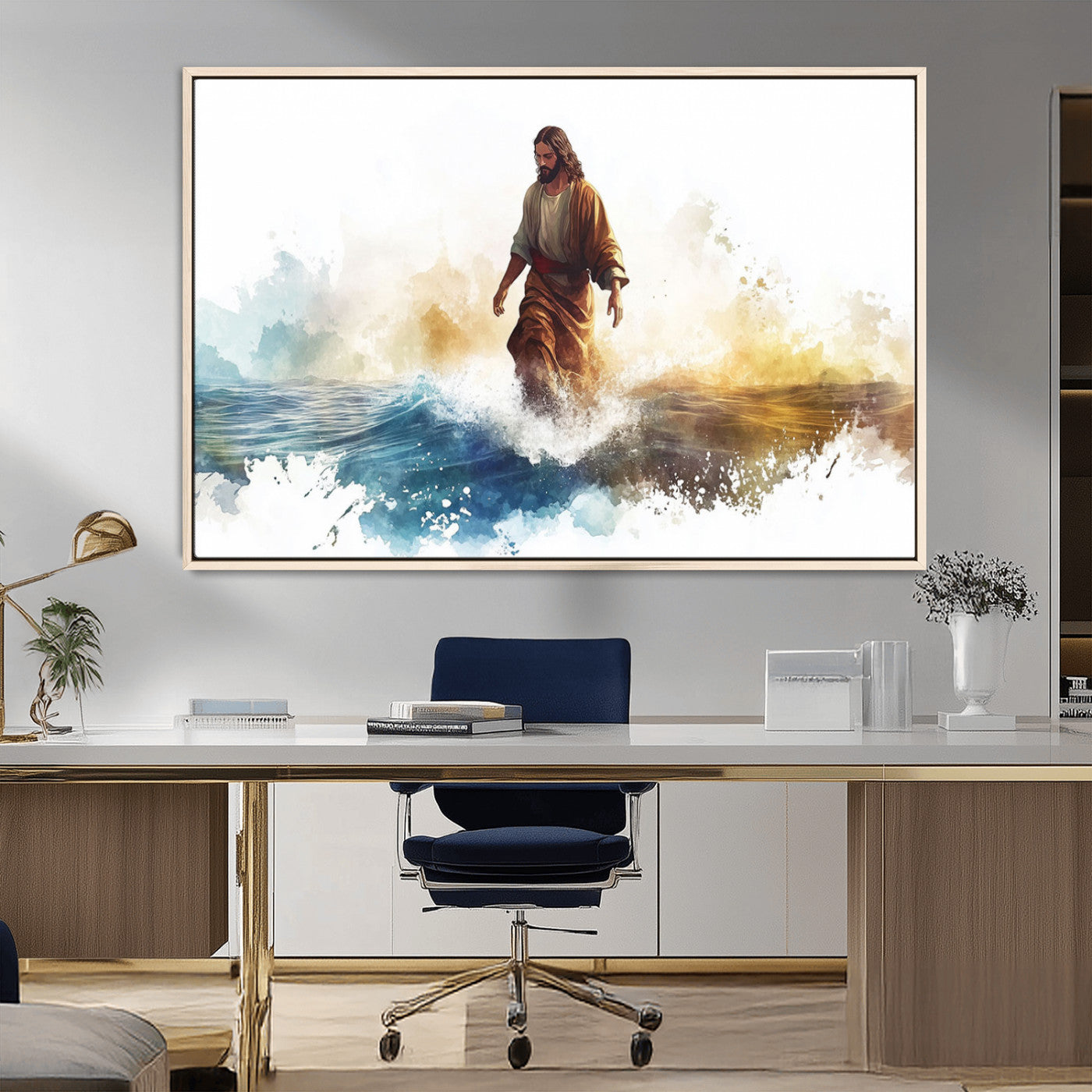 MGV-FC-36X24 - Watercolor Jesus Walking Wall Art Print, Jesus Water Canvas Print, Christian Wall Art, Jesus Christ