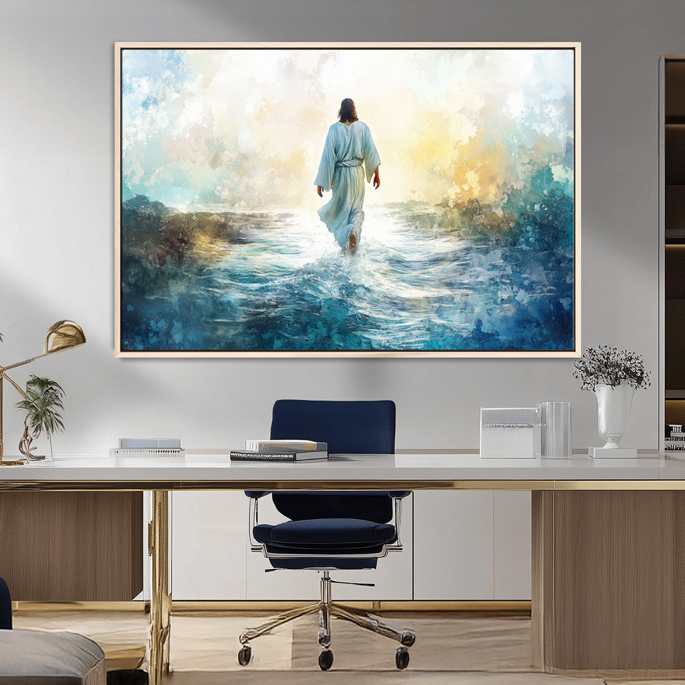 MGV-FC-36X24 - Watercolor Jesus Walking on Water Canvas Print, Christian Wall Art, Jesus Christ Walking
