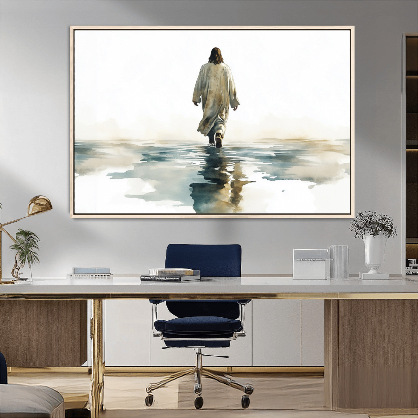 MGV-FC-36X24 - Watercolor Jesus Walking on Water Canvas Print, Christian Wall Art, Jesus Christ Walking