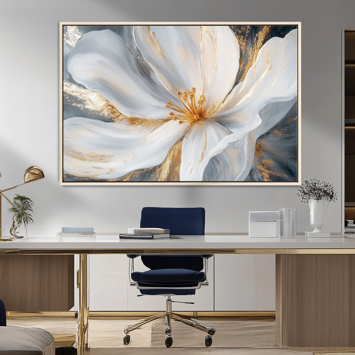 MGV-FC-36X24 - White and Gold Floral Canvas Wall Art - Framed and Ready to Hang - Perfect for Modern Living Rooms