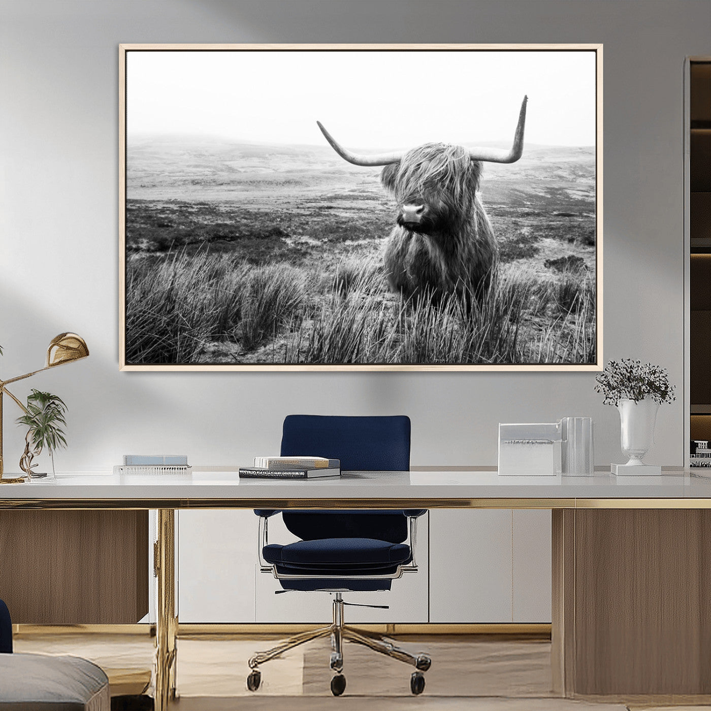 MGV-FC-36X24 - Scottish Highland Cow Wall Art | Black and White Canvas Print | Ready to Hang and Framed | Rustic