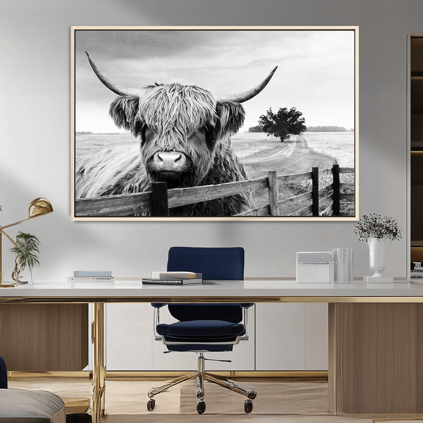 MGV-FC-36X24 - Scottish Highland Cow Wall Art | Rustic Farmhouse Décor | Black and White Ready to Hang Canvas Print