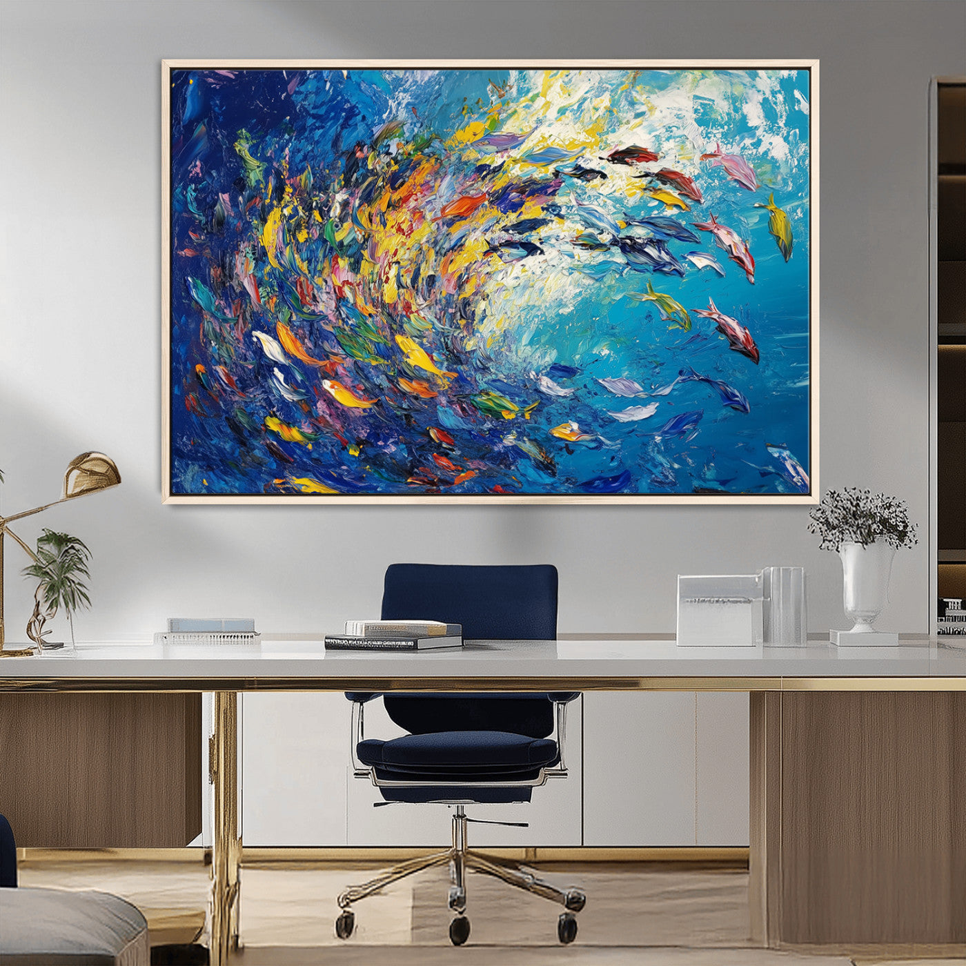 MGV-FC-36X24 - Colorful Swirling Fish School Wall Art Canvas Print | Oceanic Abstract Painting | Ready to Hang |