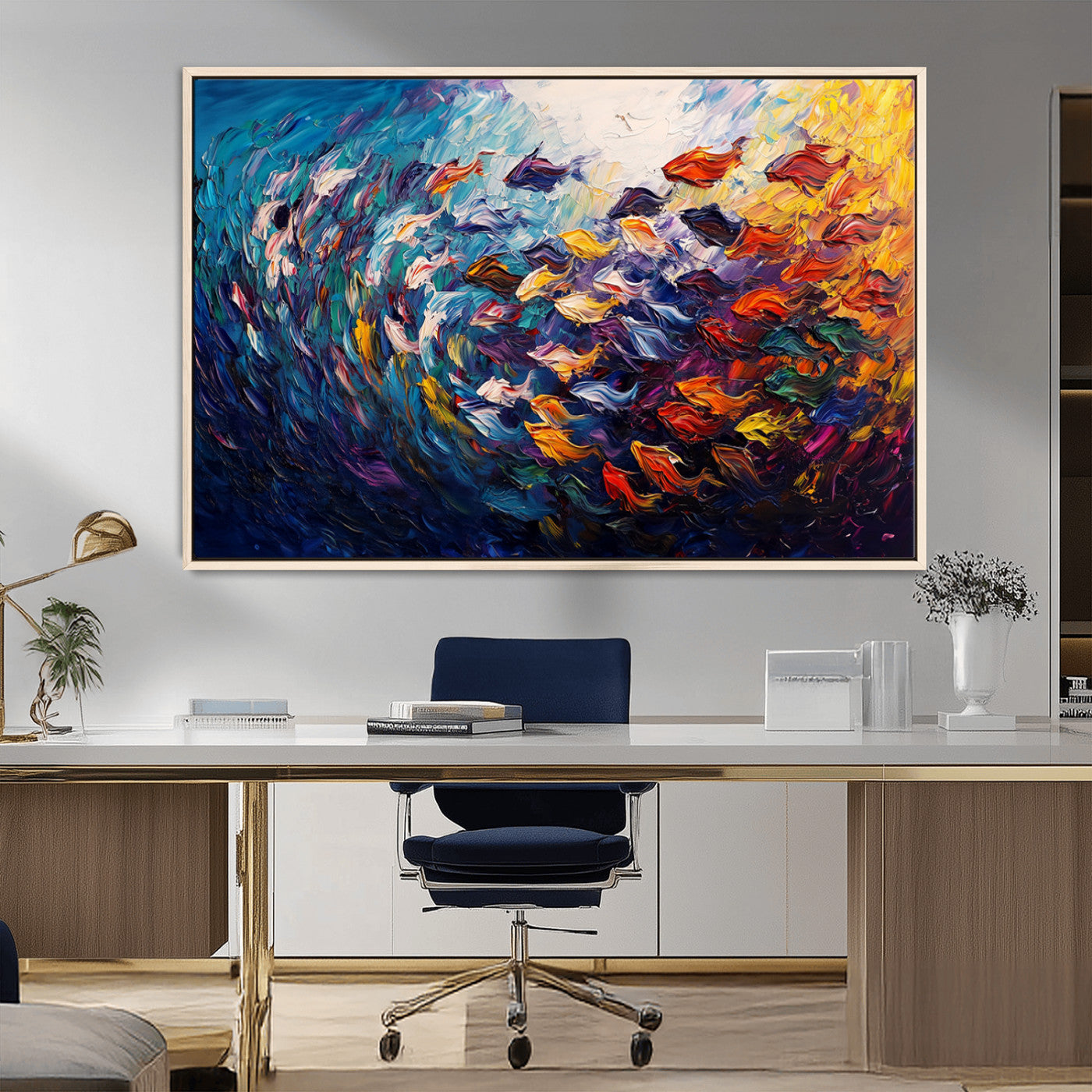 MGV-FC-36X24 - Vibrant Abstract Fish Swarm Art – Colorful Fish Inspired 3-Piece Canvas Wall Art for Living Room or