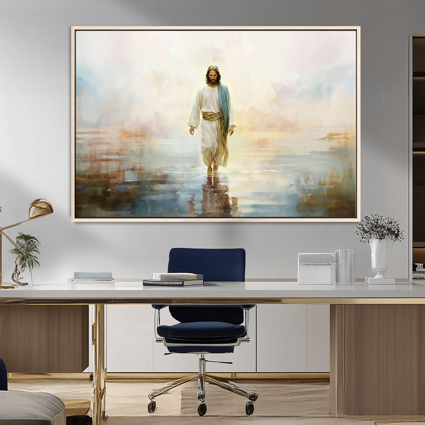 MGV-FC-36X24 - Framed Jesus Walking on Water Wall Art - 3-Panel Christian Canvas Prints, Religious Artwork for