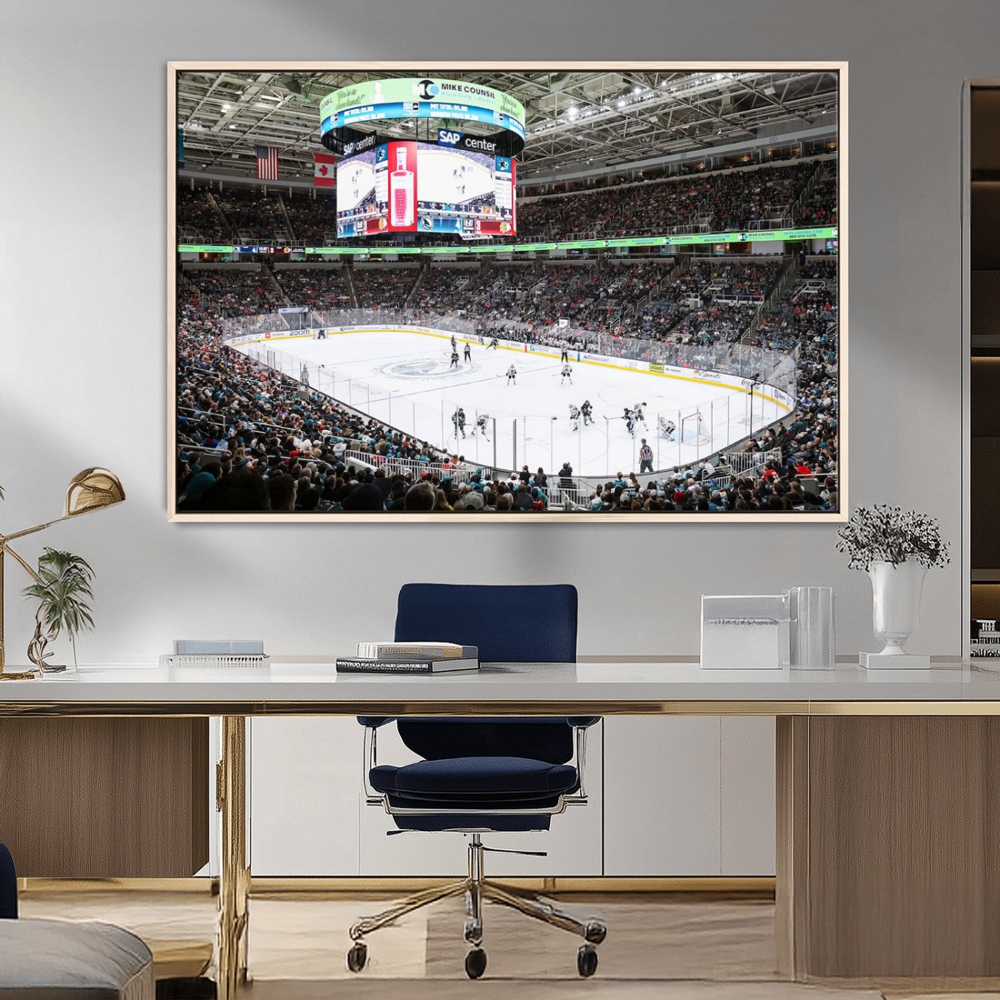 MGV-FC-36X24 - Sharks Arena Blackhawks Sharks Ice Hockey Stadium Wall Art Canvas Print, Framed Blackhawks Sharks