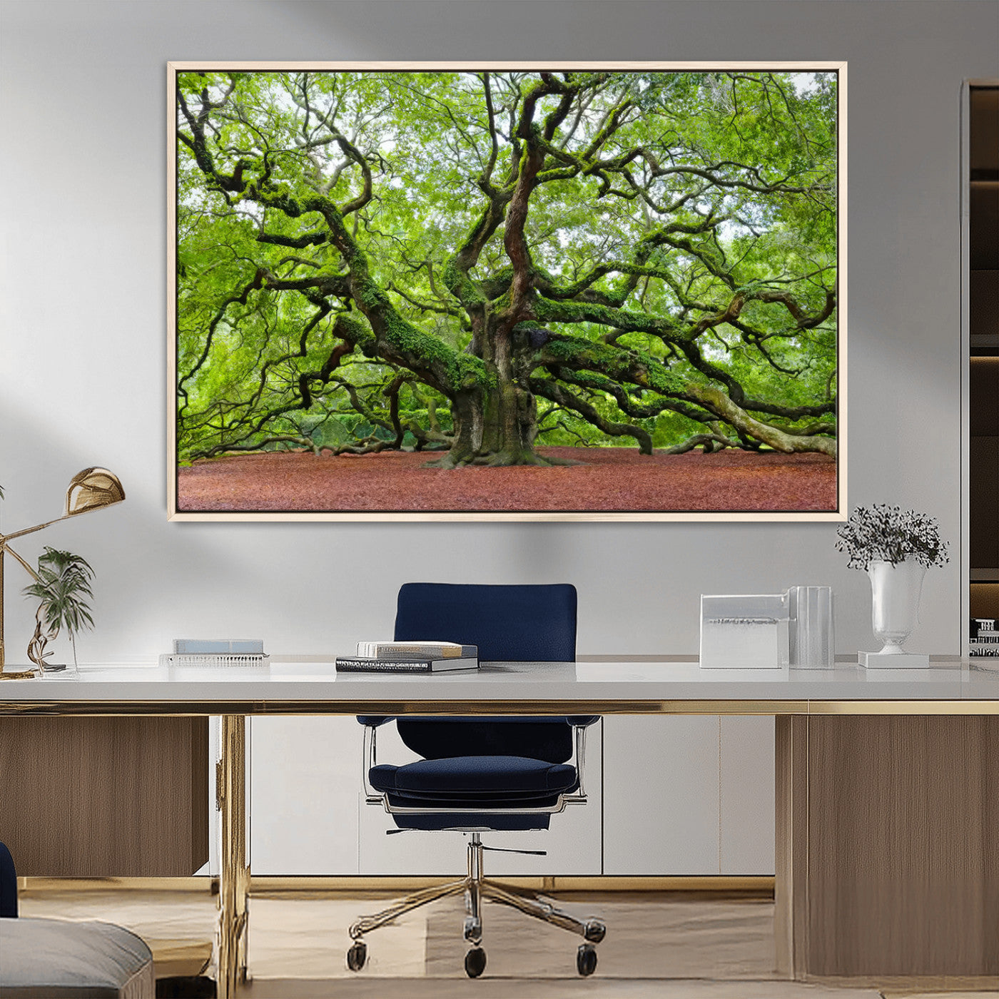 MGV-FC-36X24 - Framed Angel Oak Tree Wall Art - 3-Panel Canvas Prints, Large Green Nature Artwork, Ready to Hang