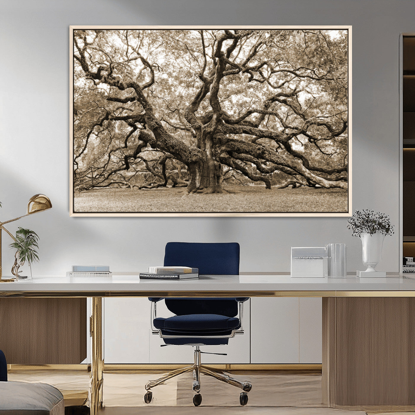51126-MGV-FC-36X24_Natural-Sepia Framed Angel Oak Tree Wall Art - 3-Panel Canvas Prints, Large Green Nature Artwork, Ready to