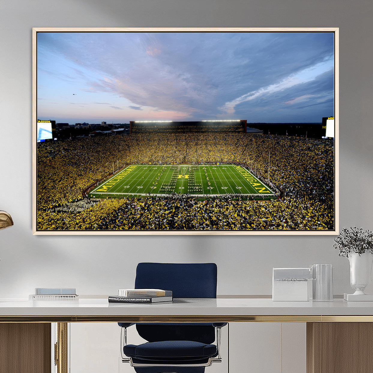 82641-MGV-FC-36X24 - Michigan Stadium Wall Art Canvas Print, Vibrant Game Day Crowd and Sunset Sky Football Field Artwork for Home, Office