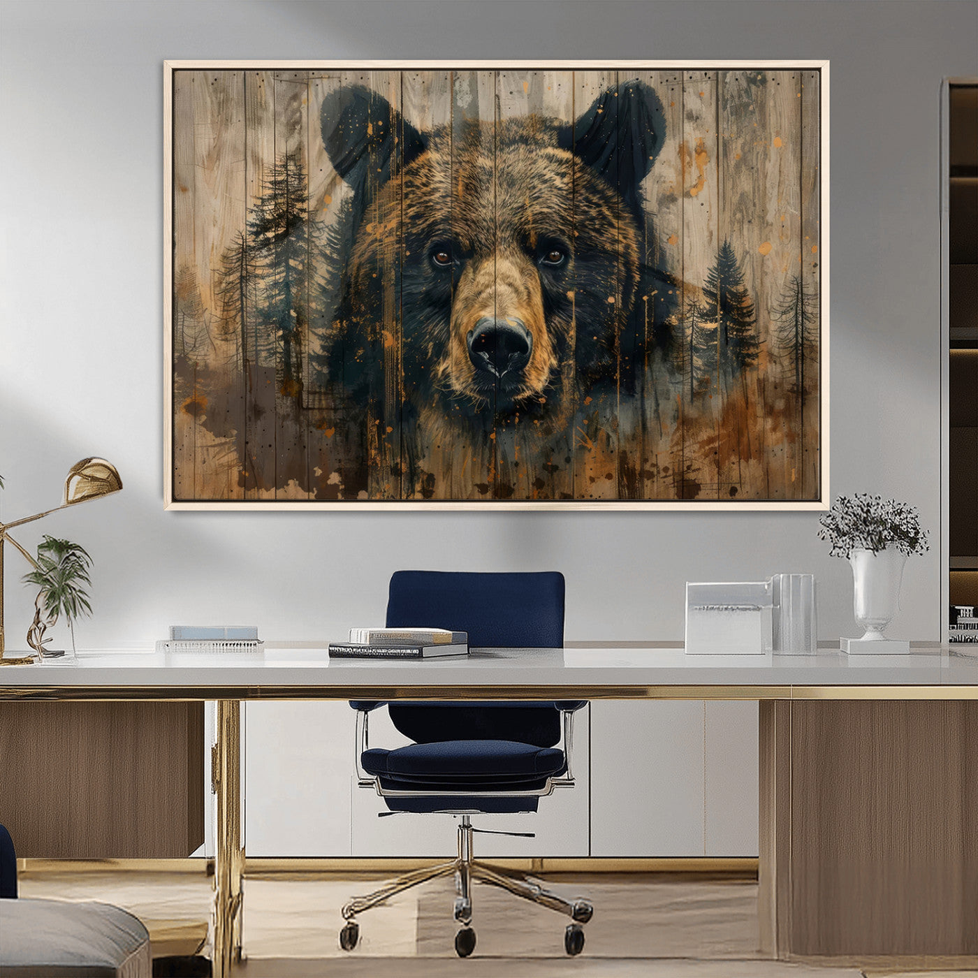 MGV-FC-36X24 - Abstract 399 Bear Wall Art | Rustic Cabin Wall Decor with Forest Design | Framed and Ready to Hang |