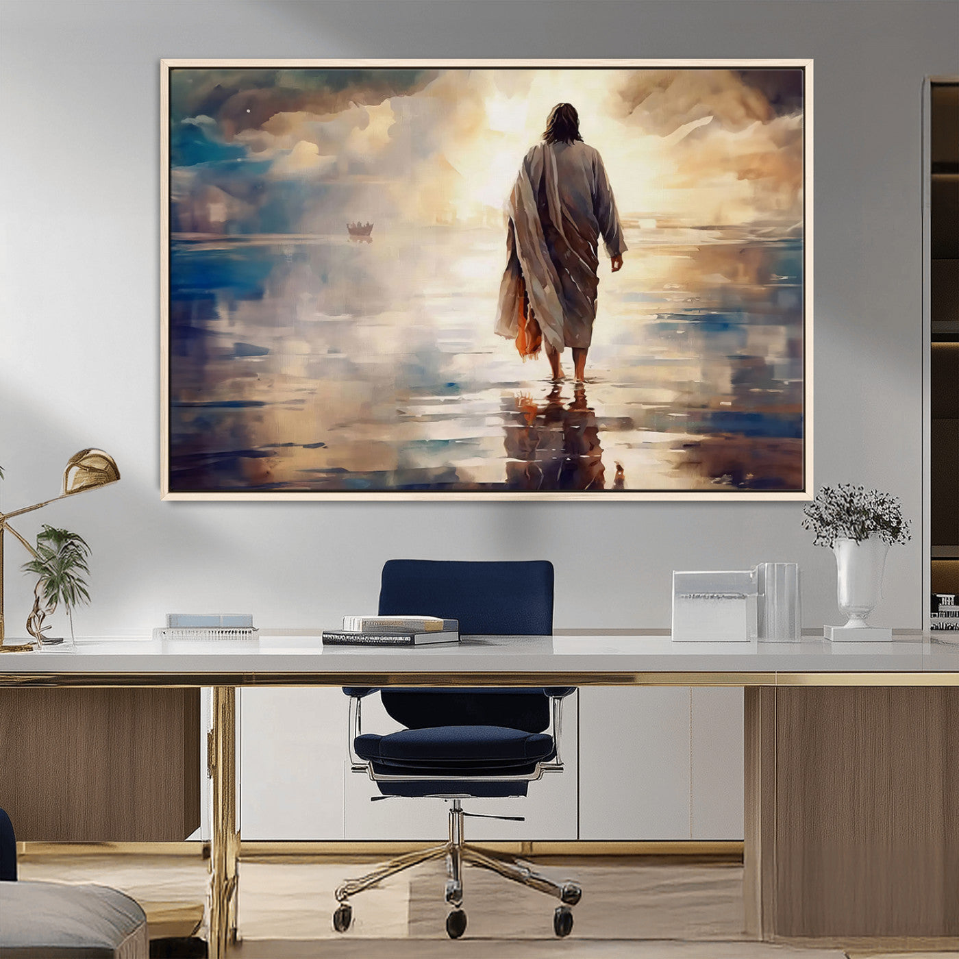 MGV-FC-36X24 - Jesus Walking on Water Wall Art | Ready to Hang Spiritual Triptych Canvas Print | Inspirational