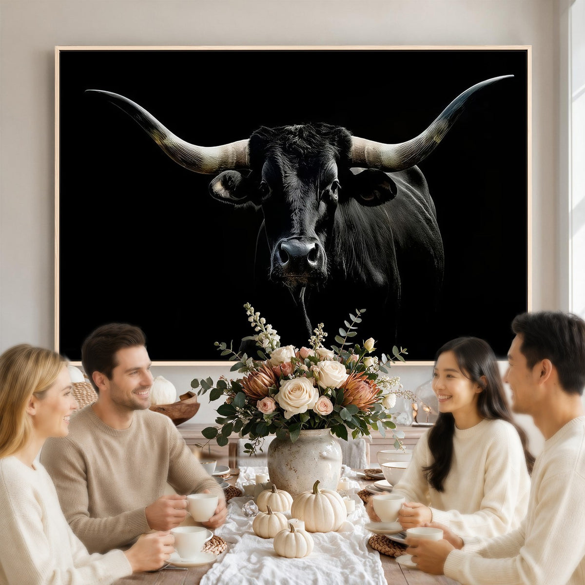 20679-MGV-CV-24X16 - Texas Black Longhorn Bull Wall Art Canvas Print, Western Cattle Rustic Decor