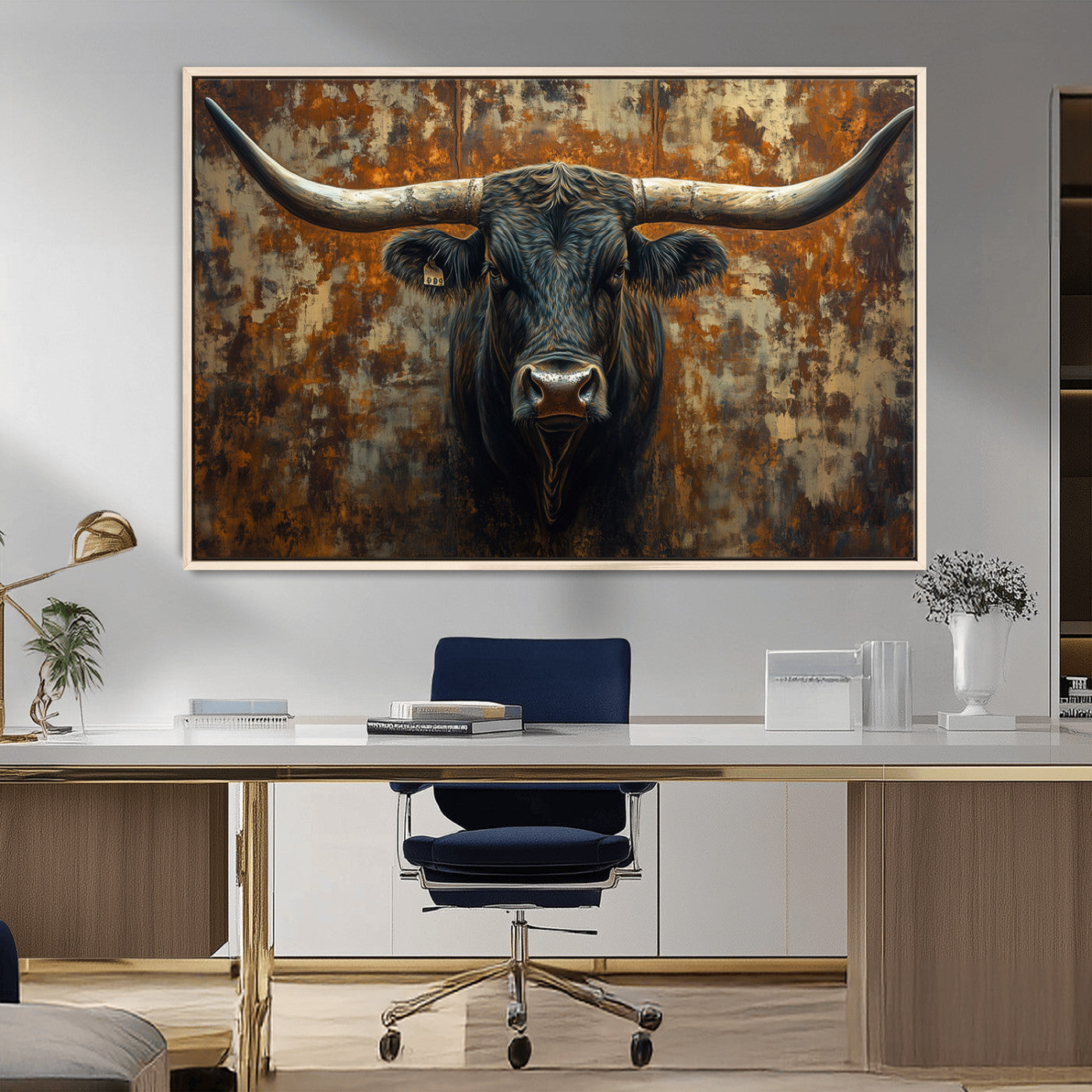MGV-FC-36X24 - Longhorn Texas Cow Bull Wall Art | Rustic Farmhouse Canvas Print | Ready to Hang Barn Decor for