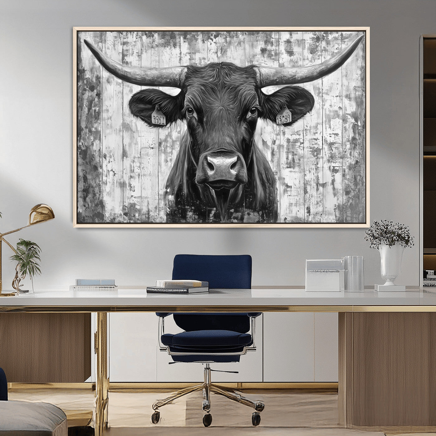 MGV-FC-36X24 - Abstract Longhorn Bull Wall Art Canvas Print - Rustic Texas Western Cow Artwork