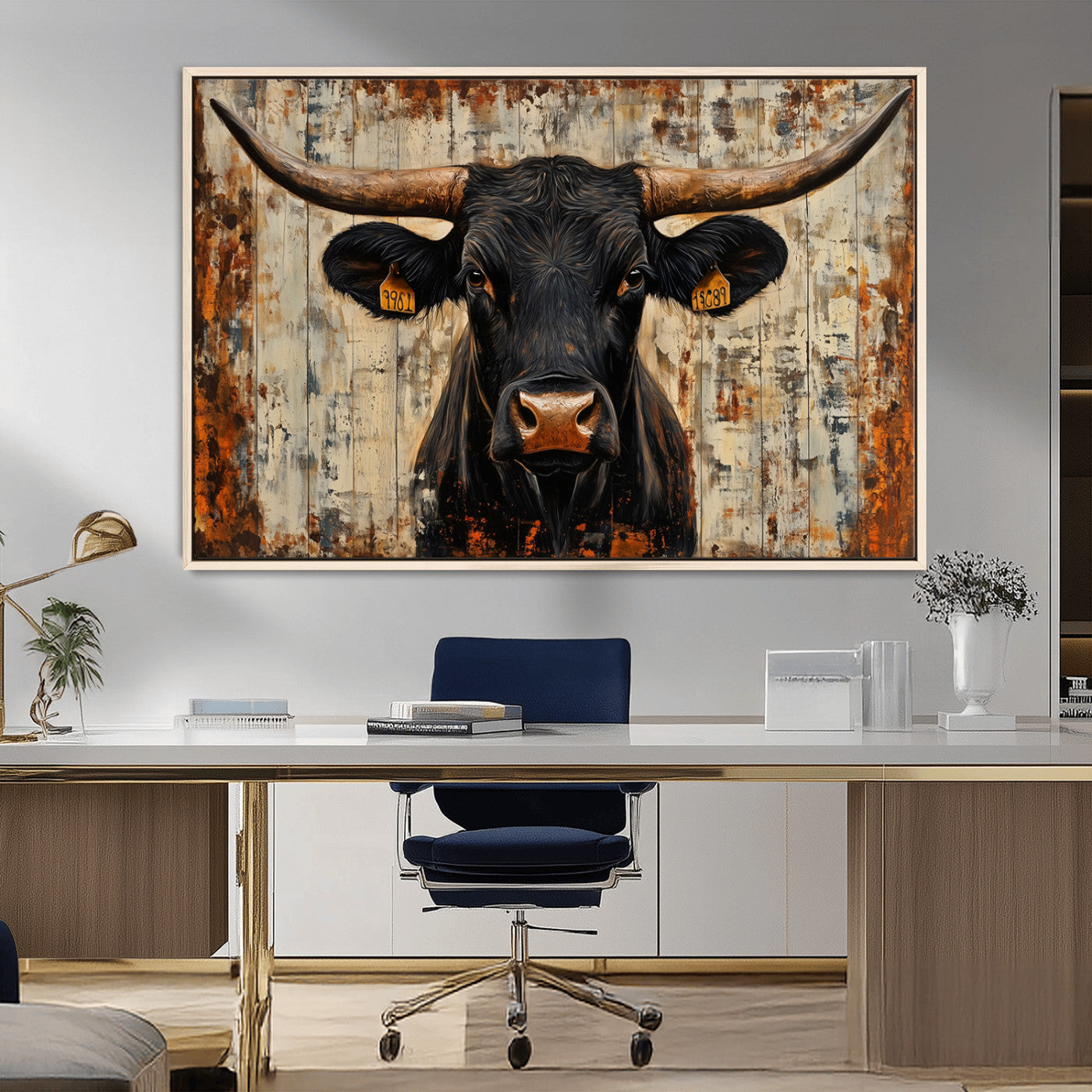 MGV-FC-36X24 - Rustic Texas Artwork Wall Art Canvas Print - Abstract Cow Longhorn Bull Wall Art Canvas Print