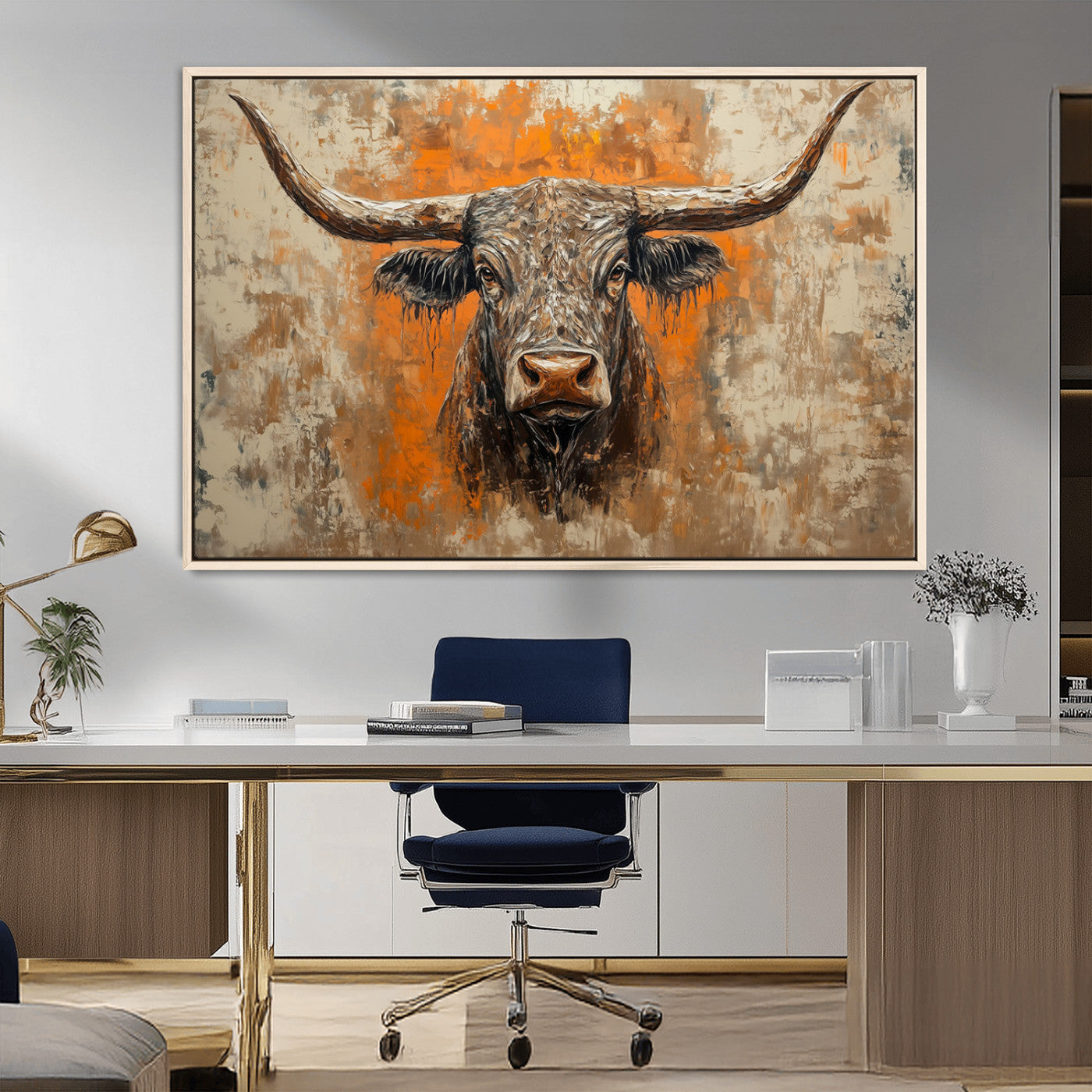 MGV-FC-36X24 - Abstract Cow Longhorn Bull Wall Art Canvas Print - Rustic Texas Western Cattle Artwork