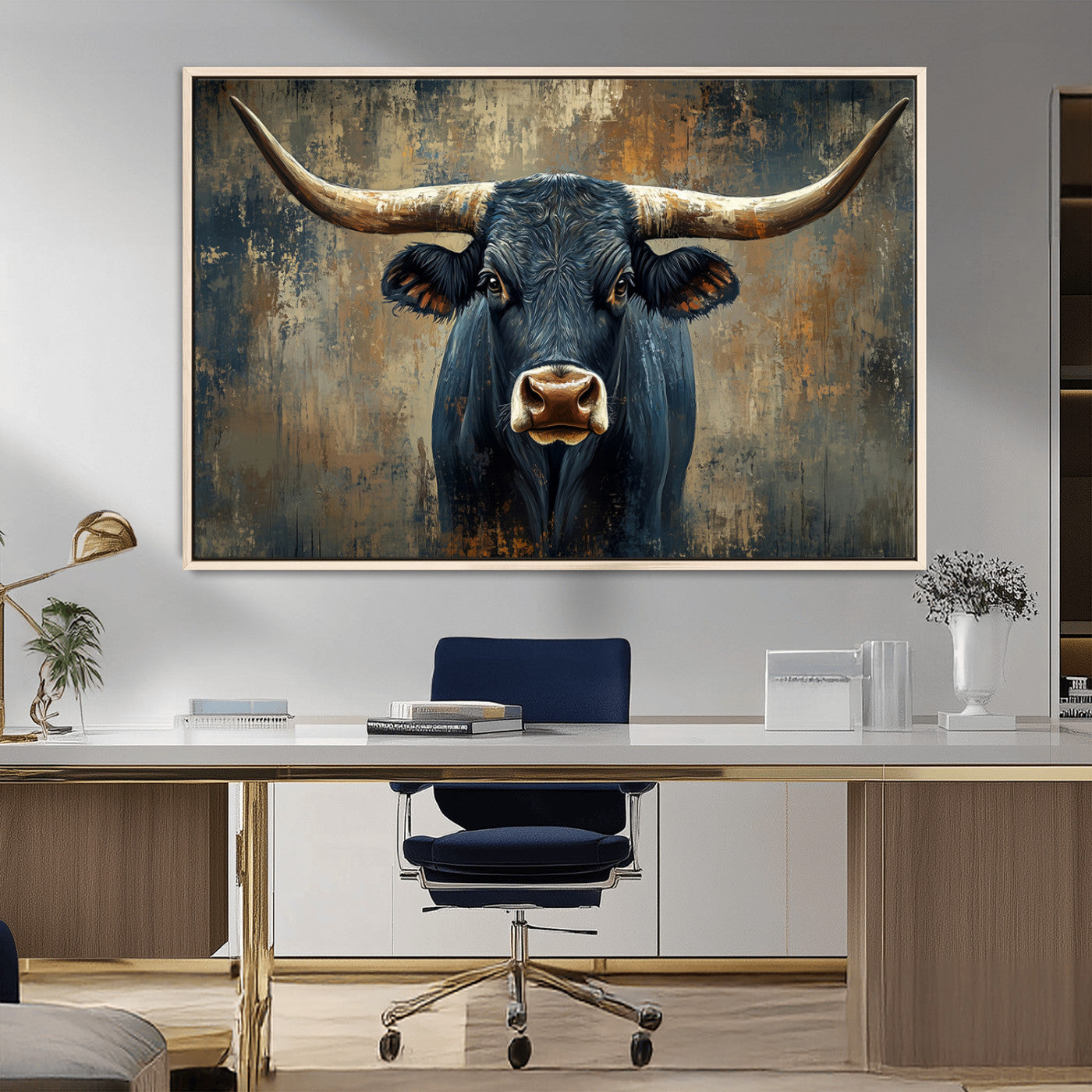MGV-FC-36X24 - Texas Western Wall Art Canvas Print - Abstract Cow Longhorn Bull Wall Art Canvas Print - Rustic Cow