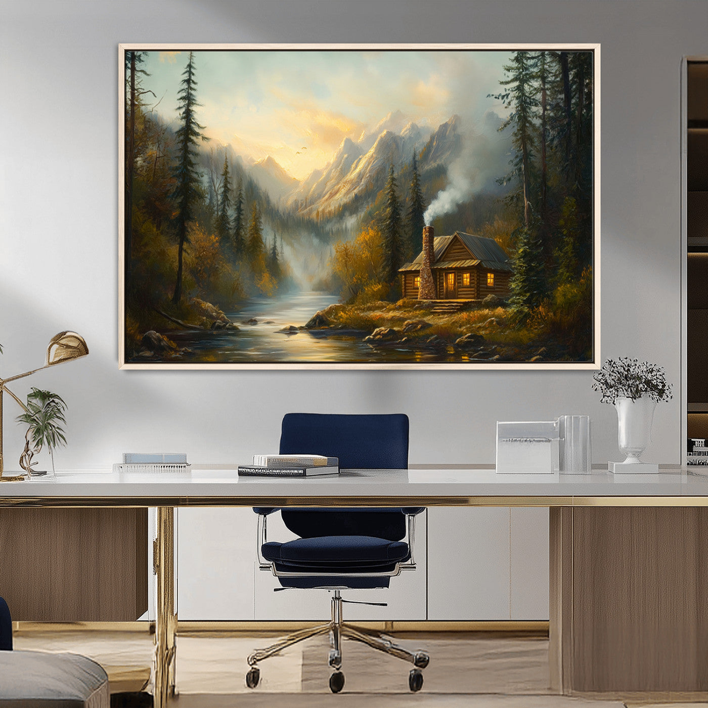 MGV-FC-36X24 - Wood Cabin Retreat Mountain at Sunset Wall Art Print - Serene Forest and River Landscape Wall Art