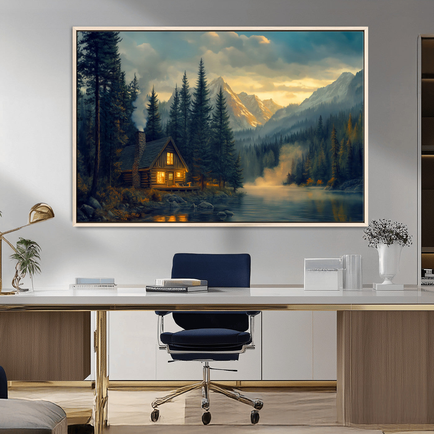 MGV-FC-36X24 - Mountain Cabin by the Lake at Sunset Wall Art - Serene Nature Canvas Print for Living Room Decor,
