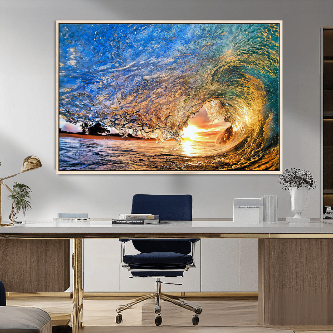 MGV-FC-36X24 - Ocean Wave at Sunset Canvas Wall Art – Vibrant Coastal Beach Waves Print, Large Nautical Decor,