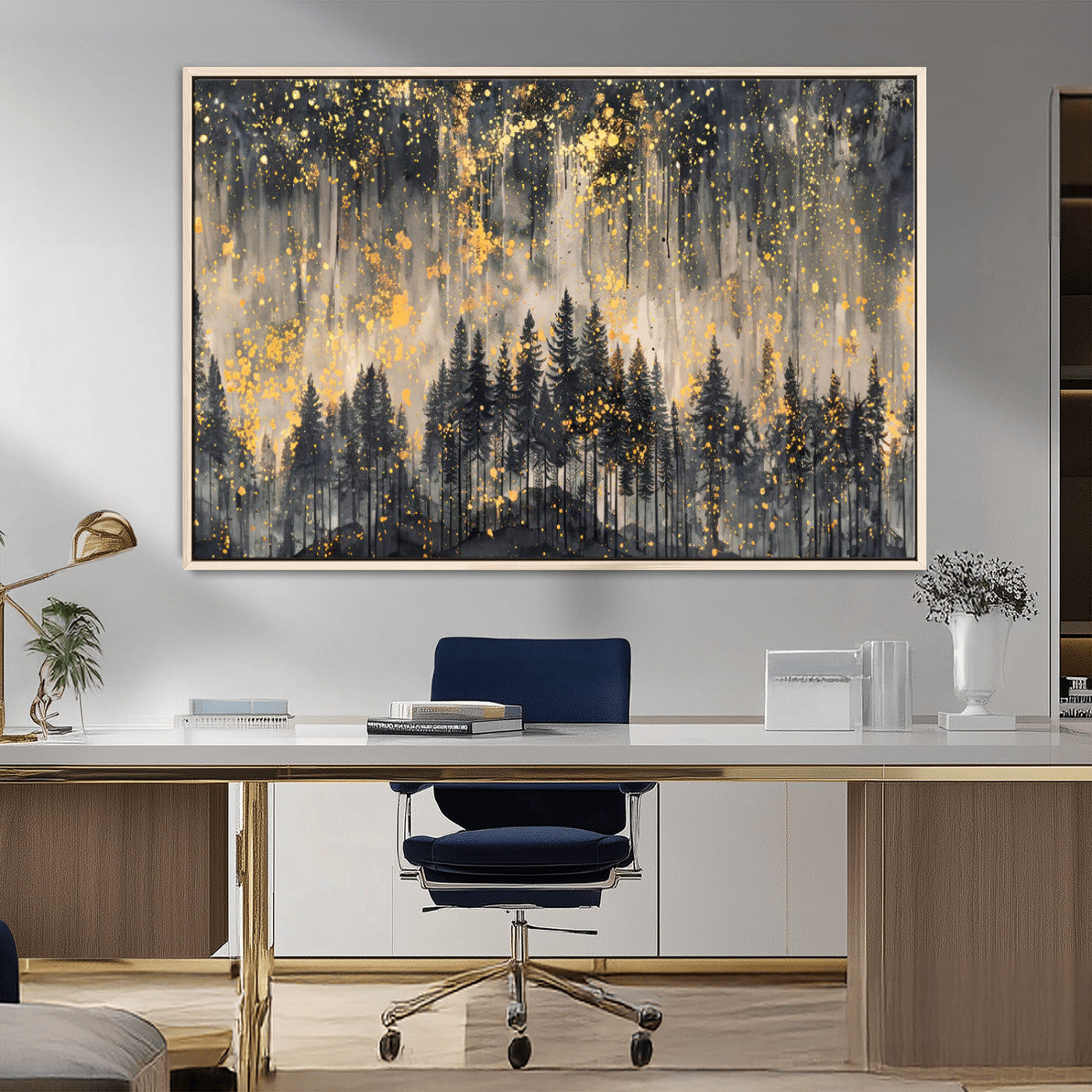 MGV-FC-36X24 - Golden Forest Abstract Wall Art | Dark Forest with Gold Splatter Accents | Triptych Ready to Hang