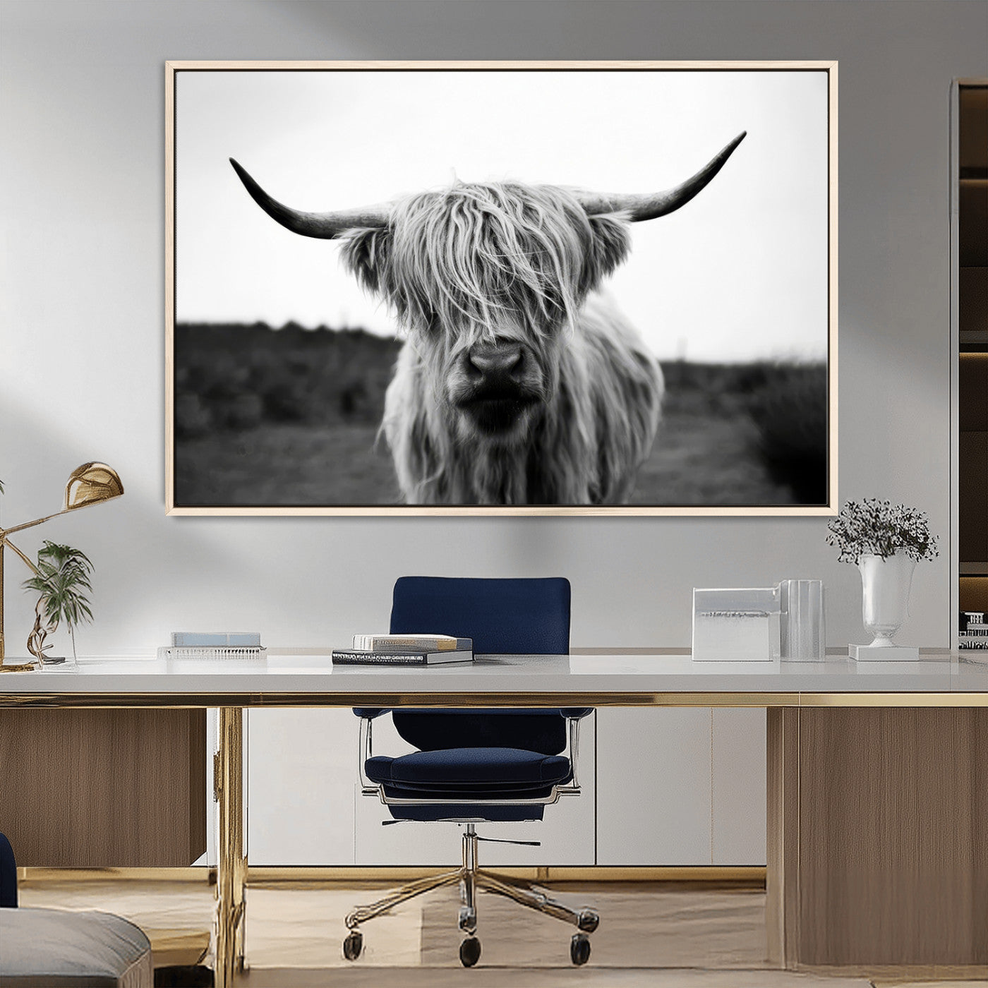 MGV-FC-36X24 - Highland Cow Wall Art | Black and White Farmhouse Decor | Triptych Canvas Print | Rustic Barn Decor