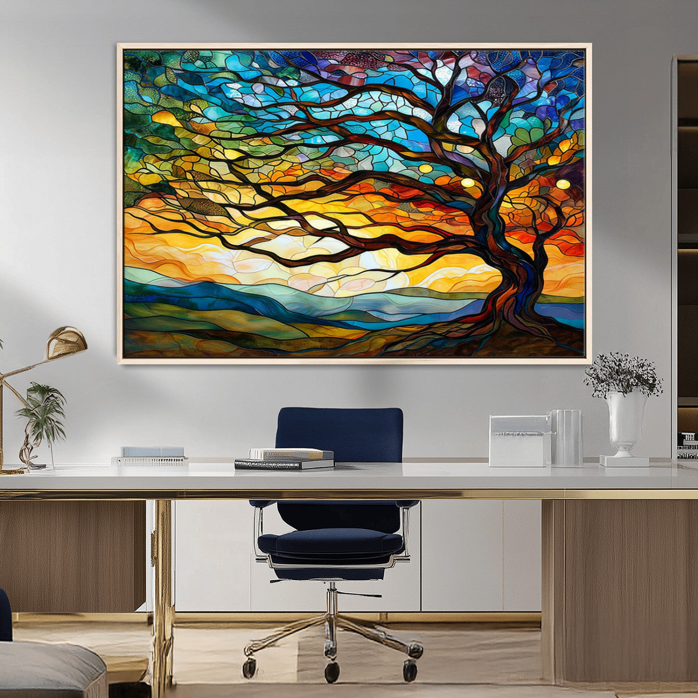 MGV-FC-36X24 - Vibrant Mosaic Tree of Life Wall Art | Stained Glass Style Canvas Print | Ready to Hang Artistic