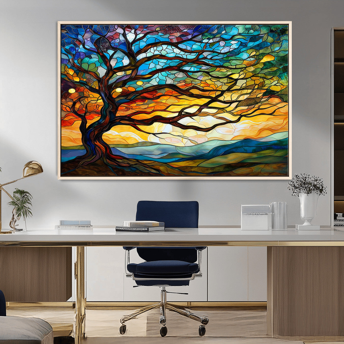 MGV-FC-36X24 - Mosaic Tree Wall Art | Ready to Hang Stained Glass Style Canvas Print | Farmhouse Wall Decor, Cabin