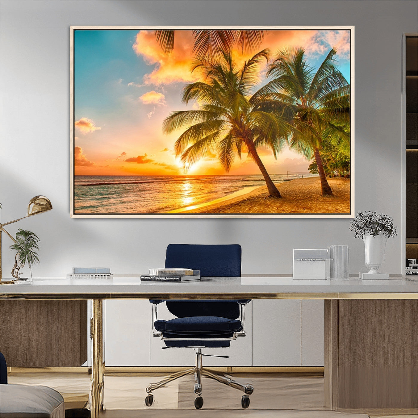MGV-FC-36X24 - Tropical Sunset Beach Canvas Wall Art Print – Vibrant Palm Trees and Coastal Sunset Wall Decor for