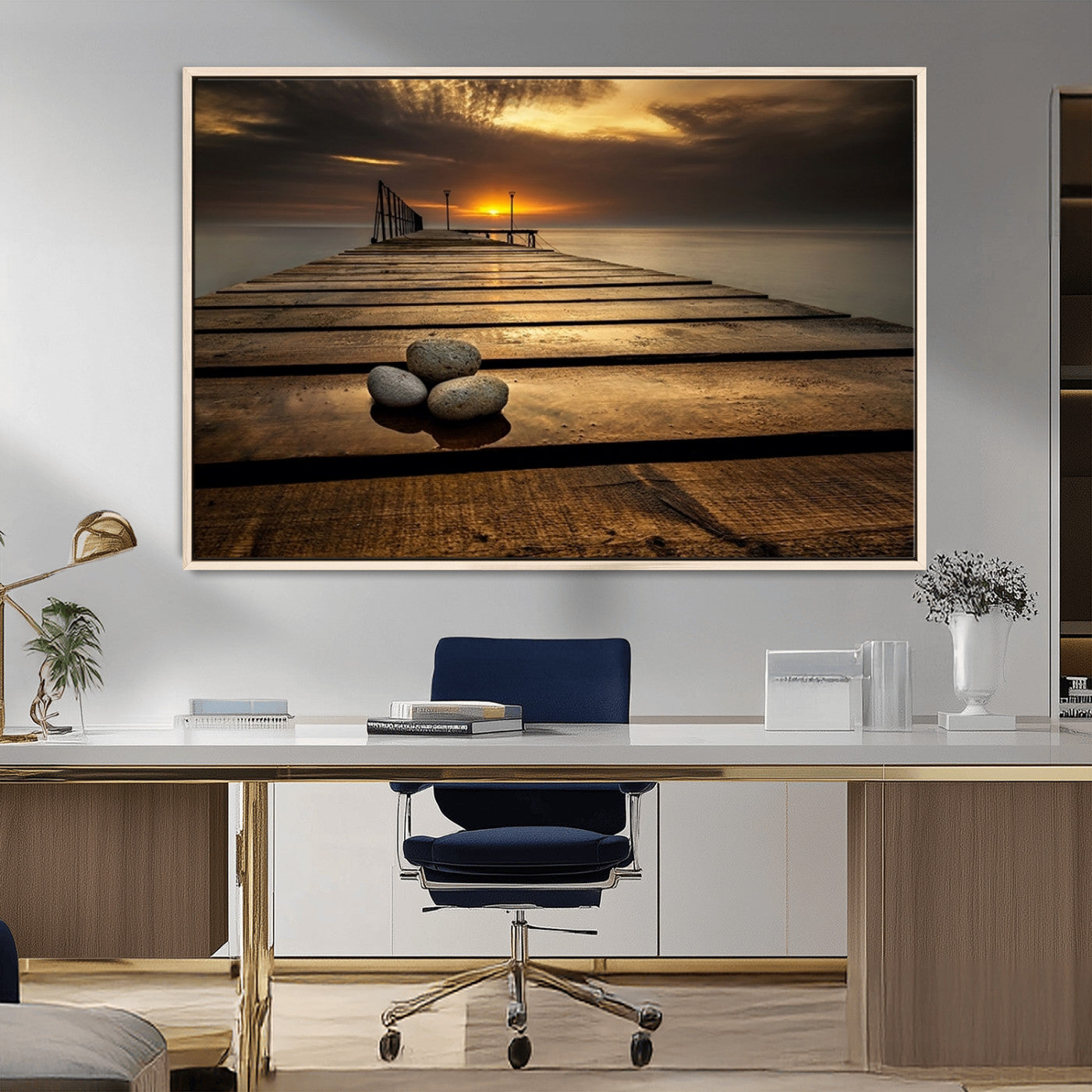 MGV-FC-36X24 - Stones on Wooden Pier at Sunset Canvas Print, Serene Coastal Wall Art, Beach Sunset Photography,
