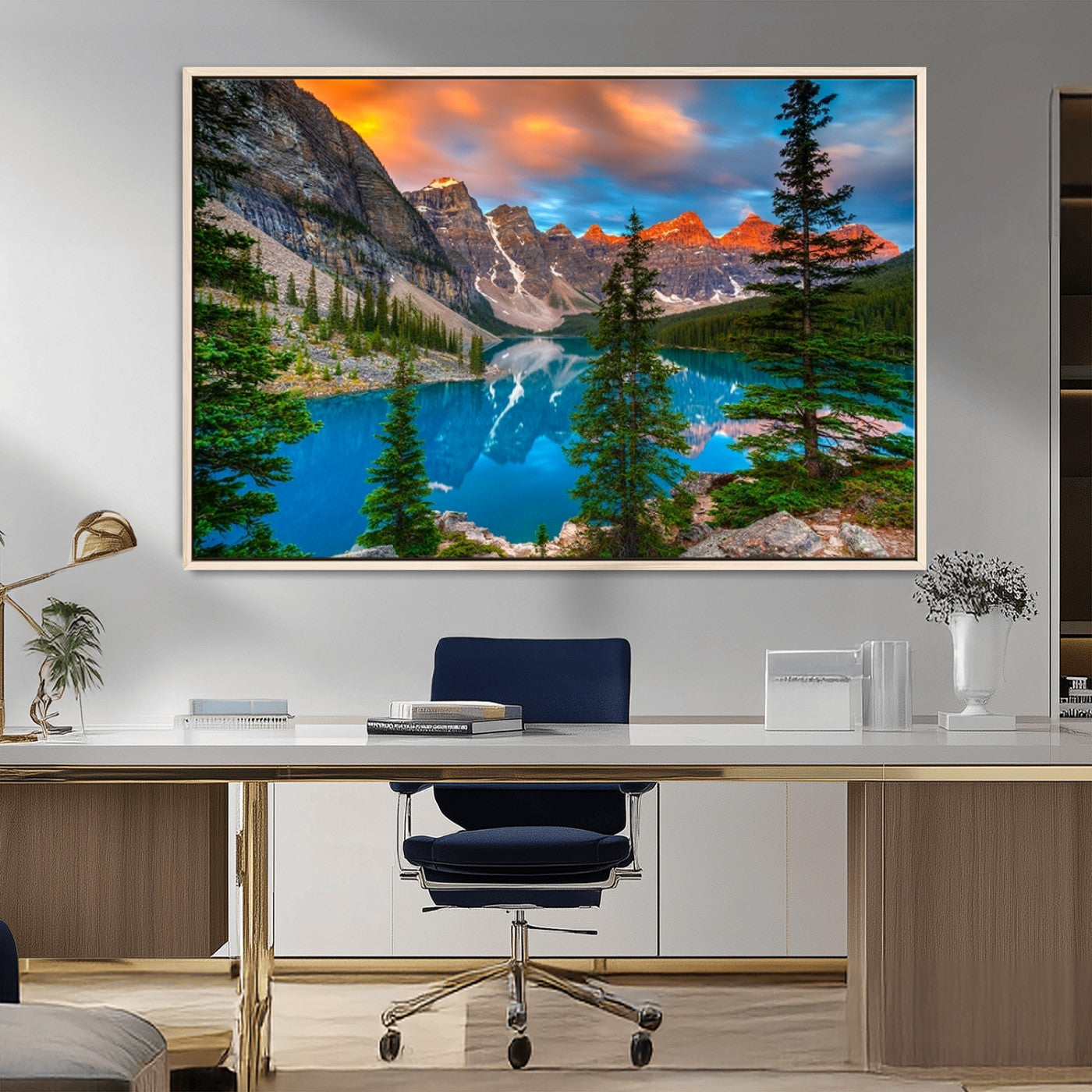 MGV-FC-36X24 - Canadian Rockies Moraine Lake Wall Art Canvas Print, Pine Trees Mountain Spring Canvas Print