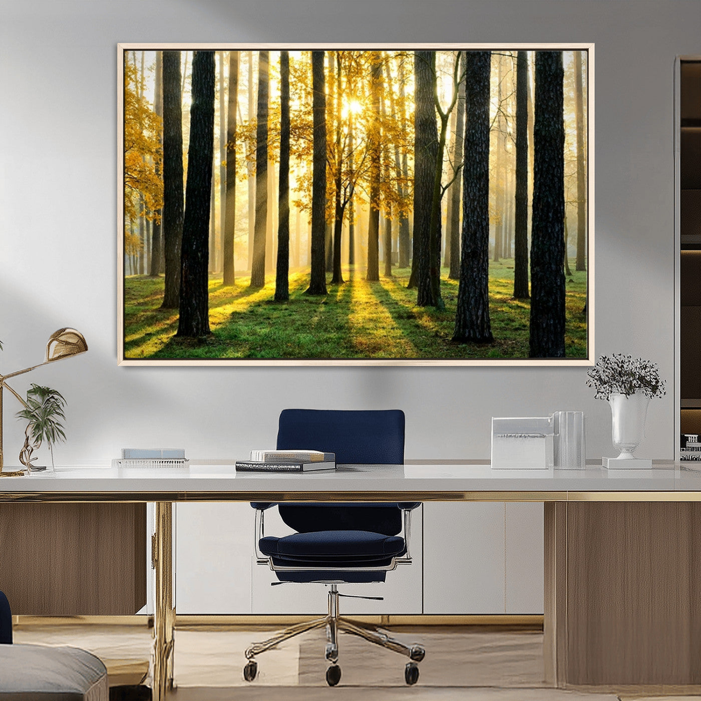 MGV-FC-36X24 - Sunlit Forest Canvas Wall Art – Serene Woodland Triptych Landscape Print – Nature-Inspired Decor for