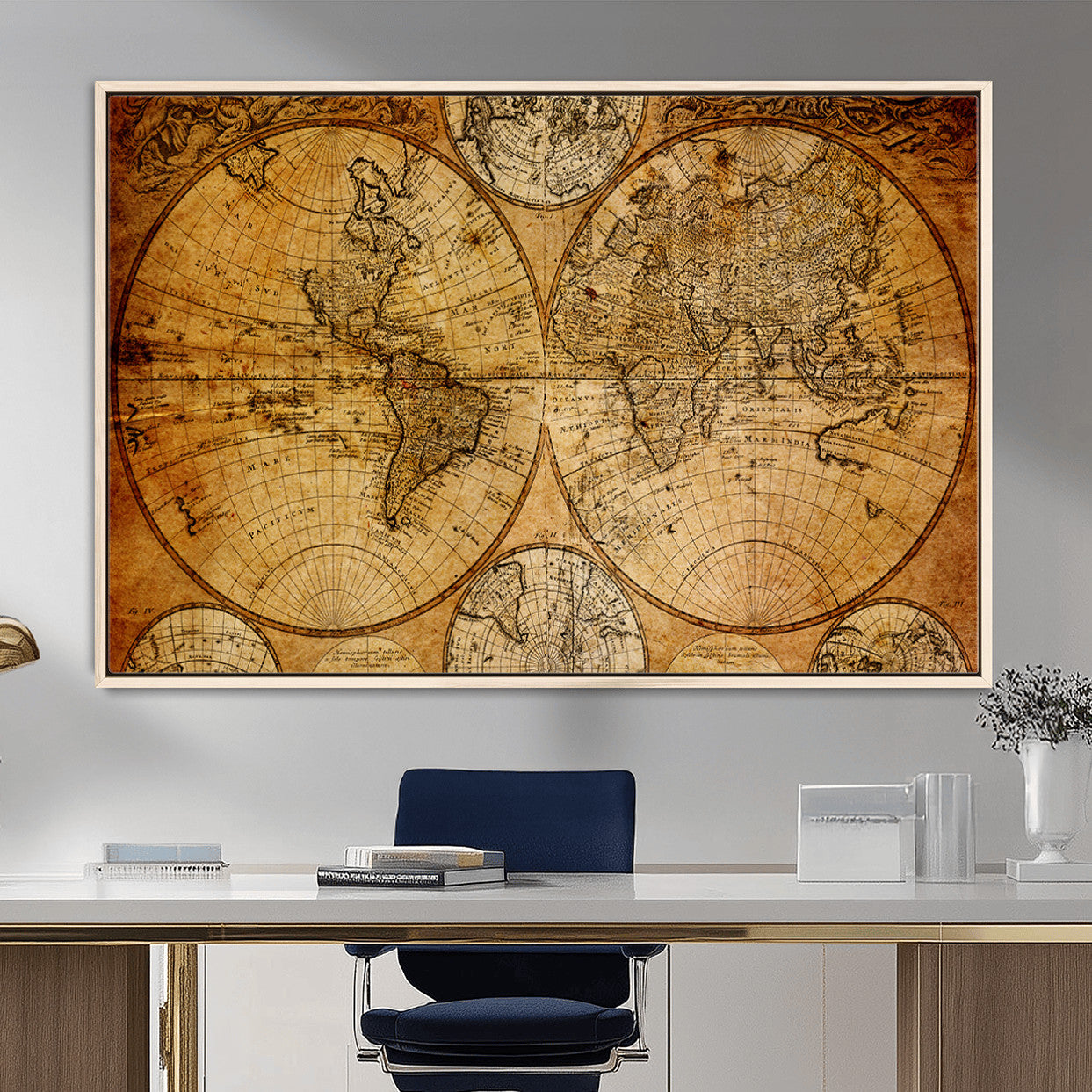 25517-MGV-FC-36X24 - Vintage World Map Canvas Print – Antique Push Pin Travel Map, Framed Wall Art for Home or Office Decor