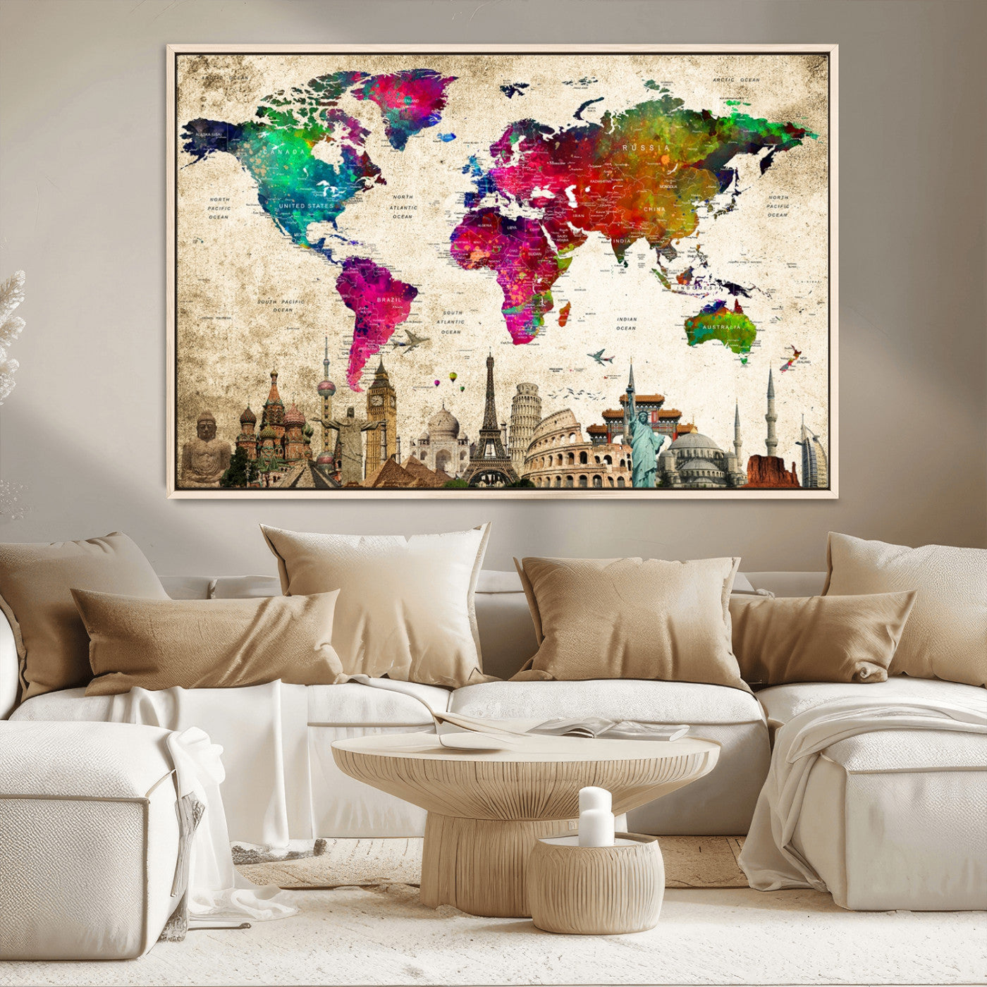 MGV-FC-36X24 - Push Pin World Map Canvas Print – Framed Wall Art for Couples to Track Their Travels – Anniversary