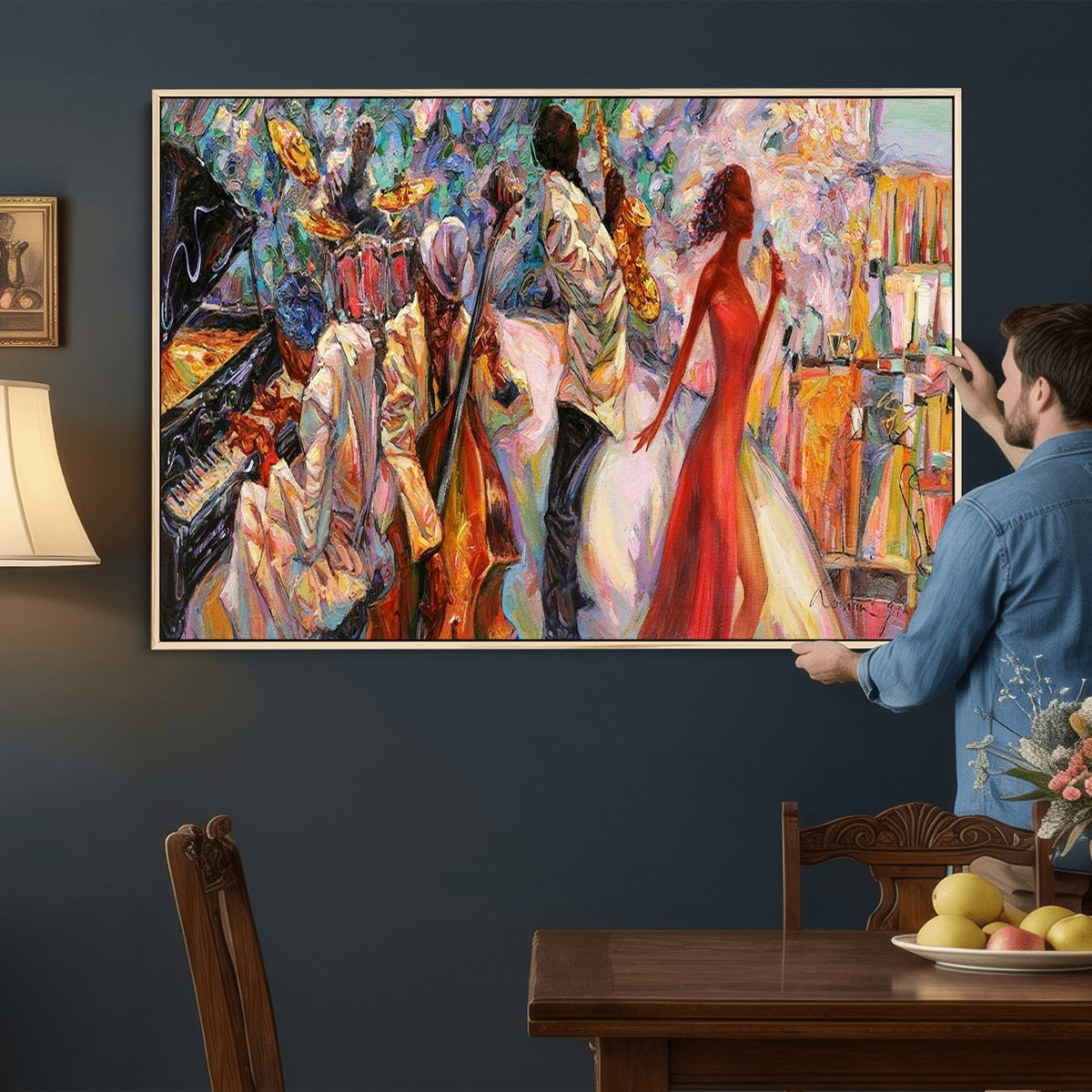 40574-_Poster-30x20 - Afro American Jazz Band Canvas Wall Art | 3 Panel Music Studio Decor