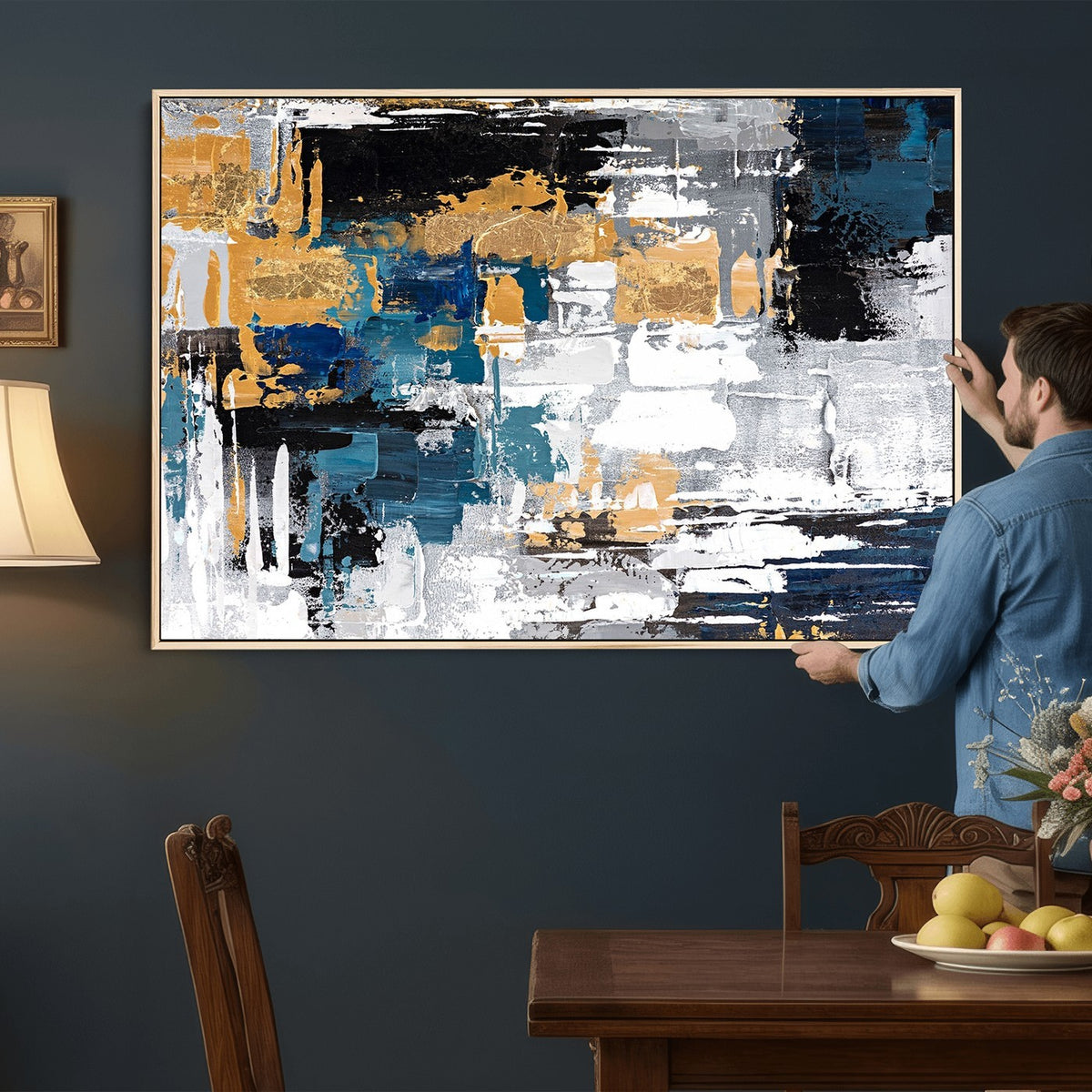 57708-_Poster-30x20 - Blue and Gold Abstract Canvas Wall Art | Triptych Modern Art Print