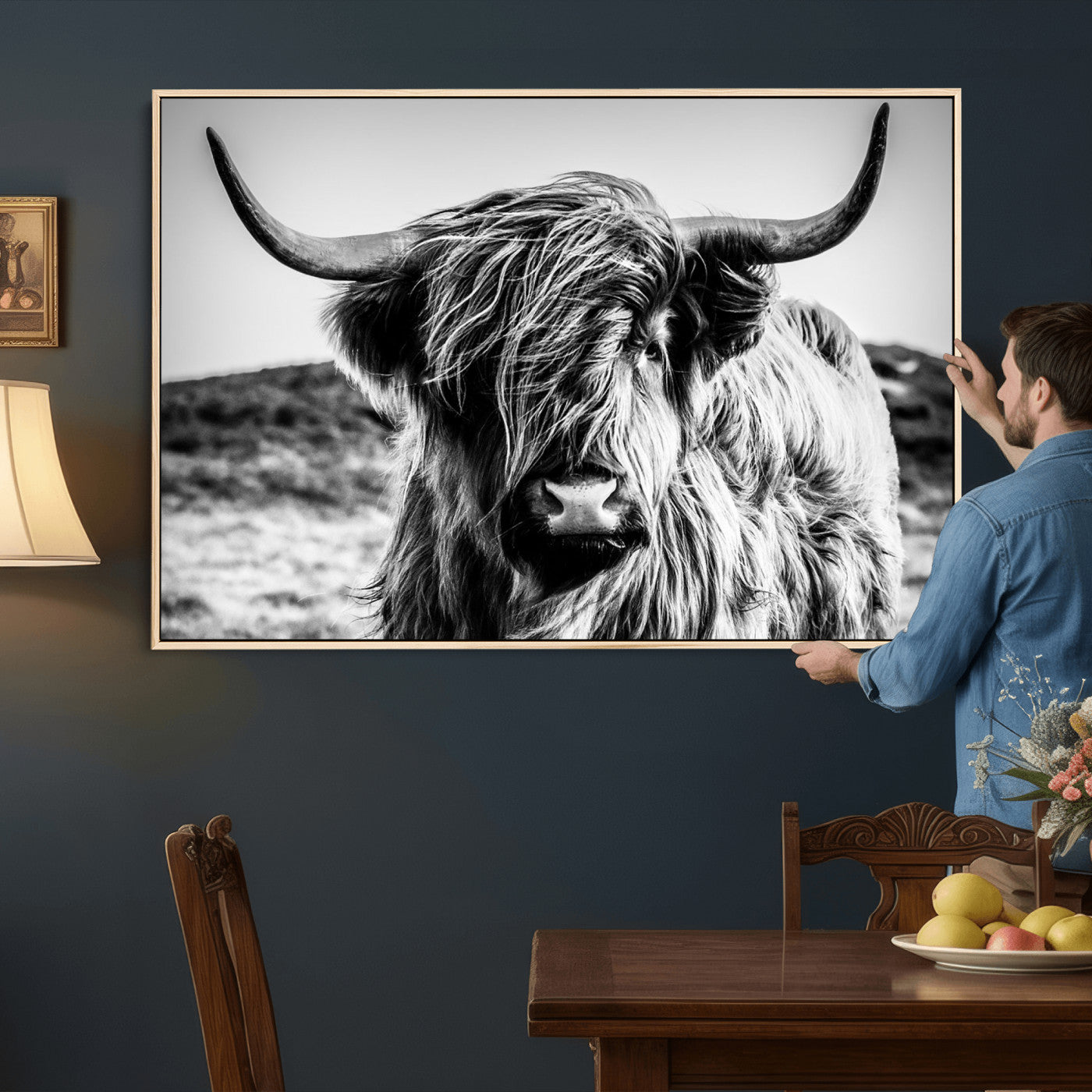 36979-MGV-CV-36X24 - Handsome Scottish Cow Black and White Wall Decor Canvas Art Print Extra Large Wall Art Highland Cattle Canvas Picture Animal Art Nature Photography High Quality Original Canvas Framed Ready to Hang