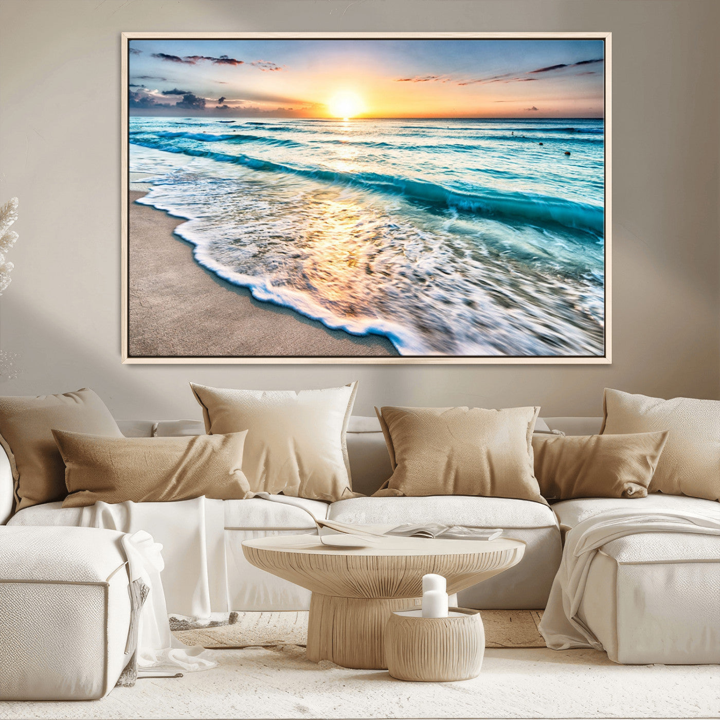 MGV-FC-36X24 - Sunset Beach Waves Canvas Wall Art – 5-Panel Ocean Sunset Print – Coastal Decor for Living Room or