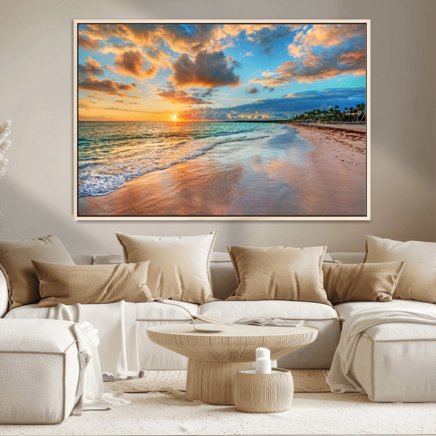 MGV-FC-36X24 - Sunset Ocean Waves on Tropical Beach, 3-Panel Giclee Canvas Art for Coastal Home Decor, Vibrant Palm-Lined Shore