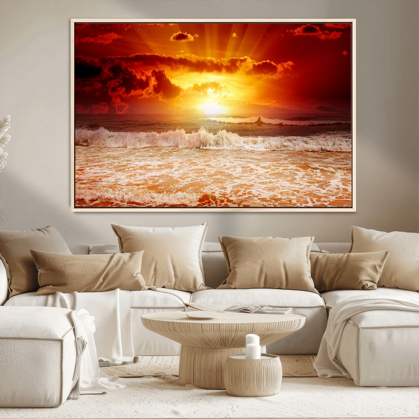 MGV-FC-36X24 - Red Sunset Ocean Beach Canvas Wall Art Beach Canvas, Coastal Sunset Print