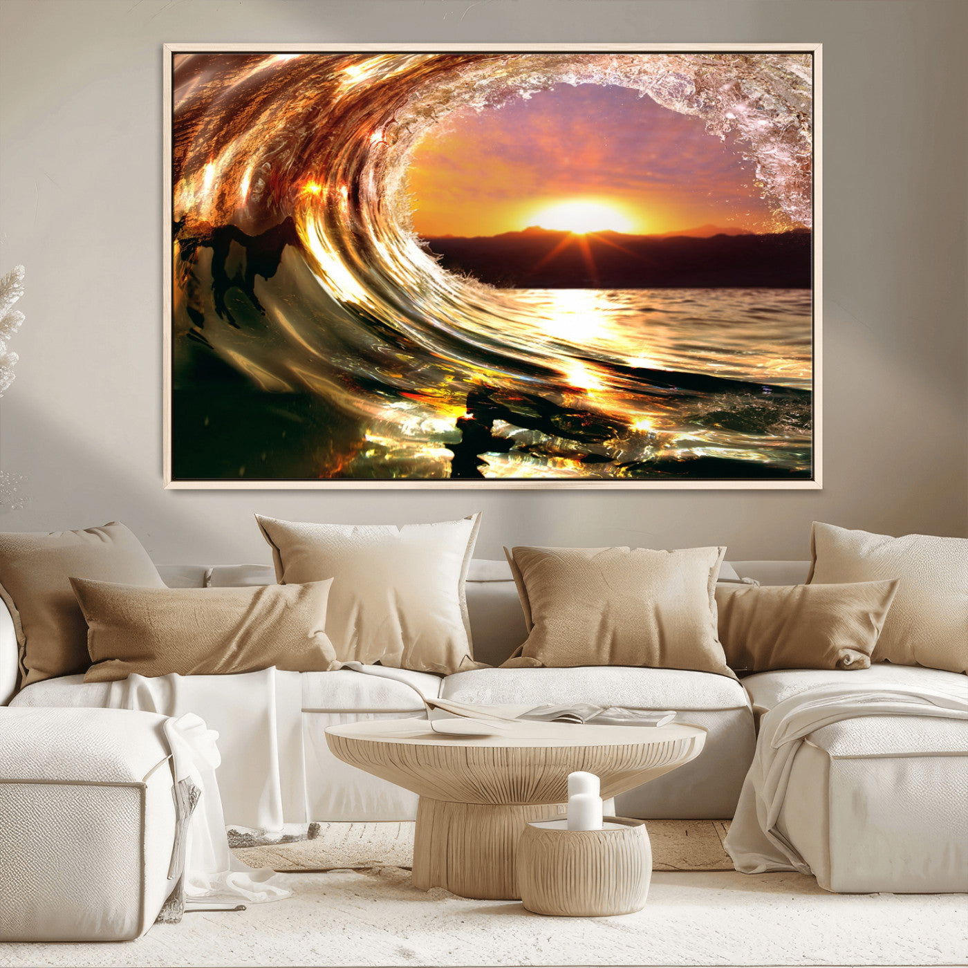 MGV-FC-36X24 - Golden Wave Sunset Triptych Canvas Art, Giclee Canvas Print of Ocean Wave and Sunset, Framed Ocean
