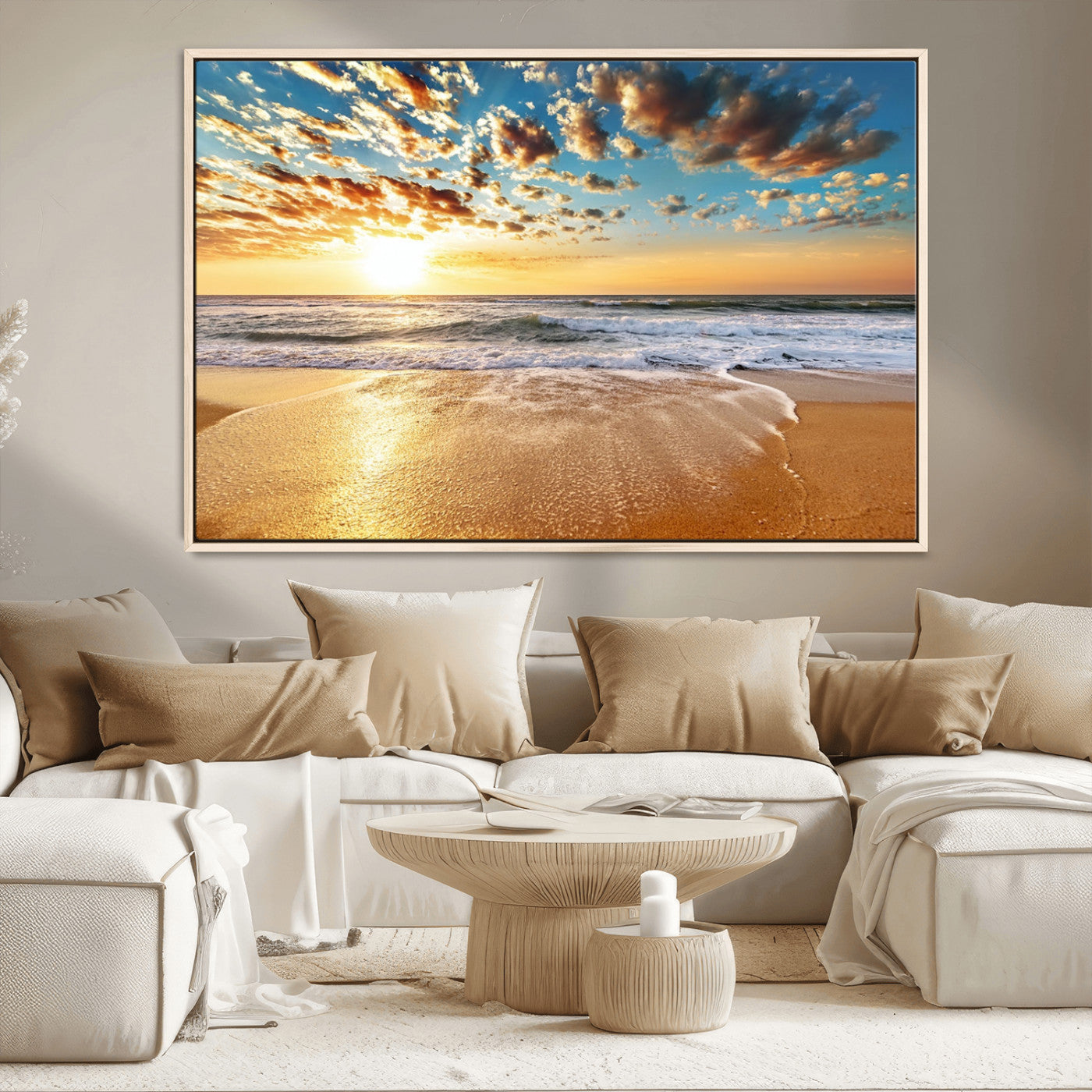 MGV-FC-36X24 - Golden Sunset Beach Print Canvas Wall Art, Giclee Canvas Print with Canon Print Quality, Triptych