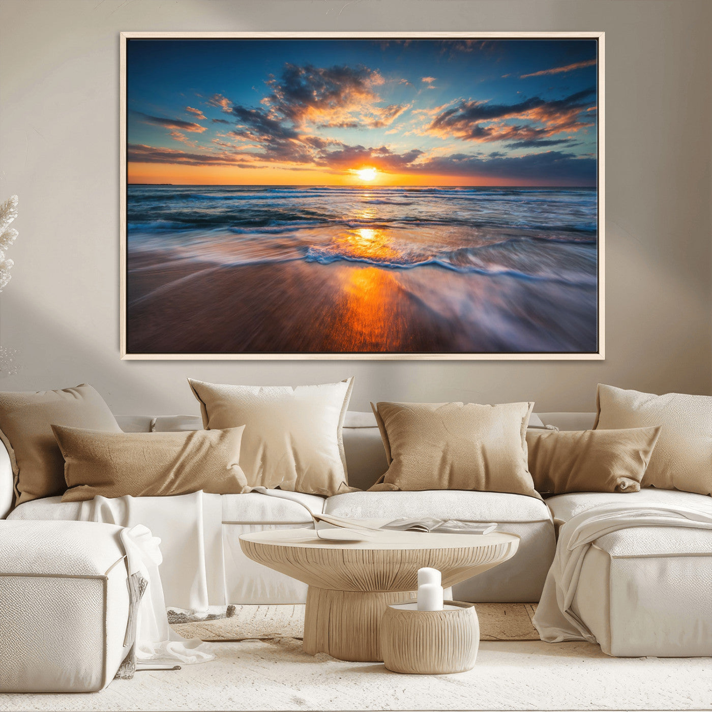 MGV-FC-36X24 - Sunset on the Ocean Beach with Waves, Reflections on Sand, Coastal Wall Art Print, Beach Wall Art,