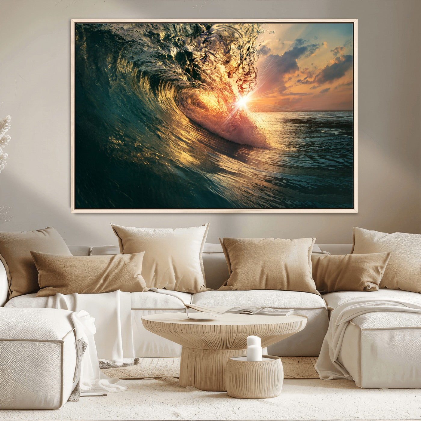 MGV-FC-36X24 - Ocean Wave Sunset Canvas Wall Art – Triptych Seascape Print – Framed and Ready to Hang for Living Room or Office